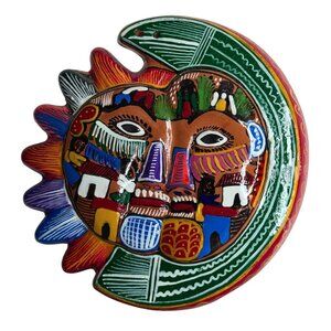 Mexican Sun & Moon Face Folk Art Talavera Pottery Hand Painted Flowers 5.5"